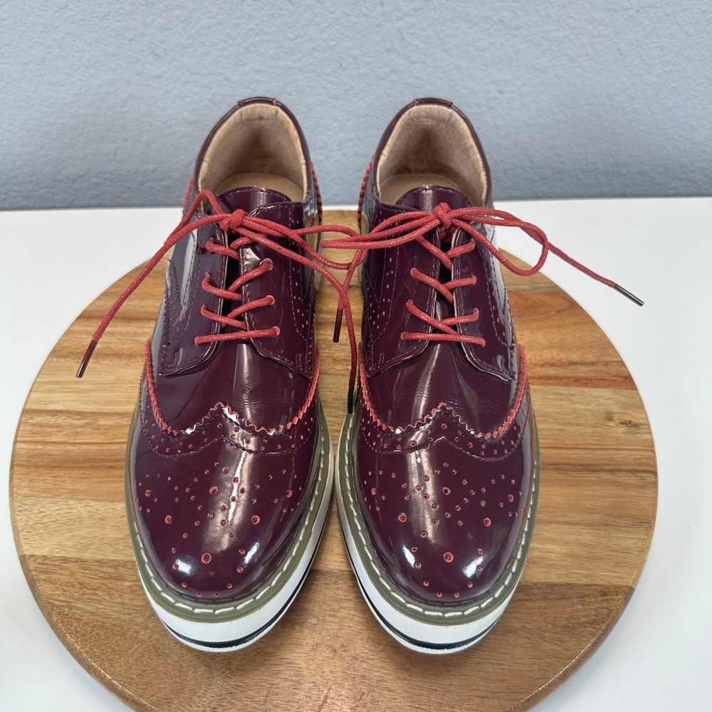 Dadawen Womens Platform Oxfords Burgundy Patent Wingtip Brogue Shoes 42 366-1.5 - Picture 4 of 8